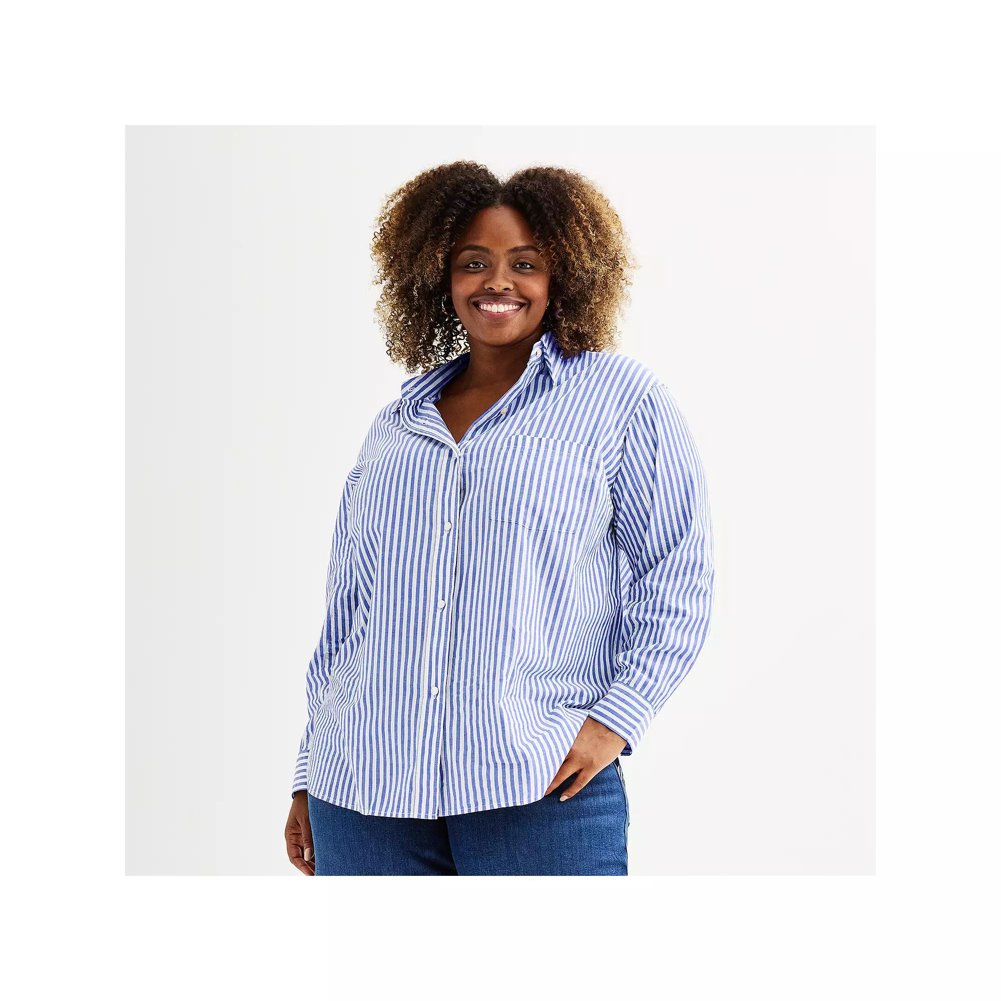 Plus Size Sonoma Goods For Life® Oversized Boyfriend Shirt, Women's, Size: 1XL, Bright Blue Stripe Product Image