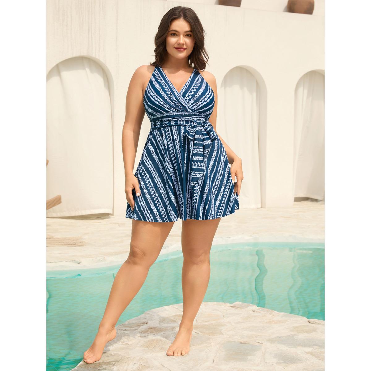 Plus Size Anti-Float Ties Boho Belted Swim Dress Women's Swimwear Aegean Beach Bodycon Overlap Collar High stretch Curve Swim Dresses BloomChic 14-16/1X Product Image