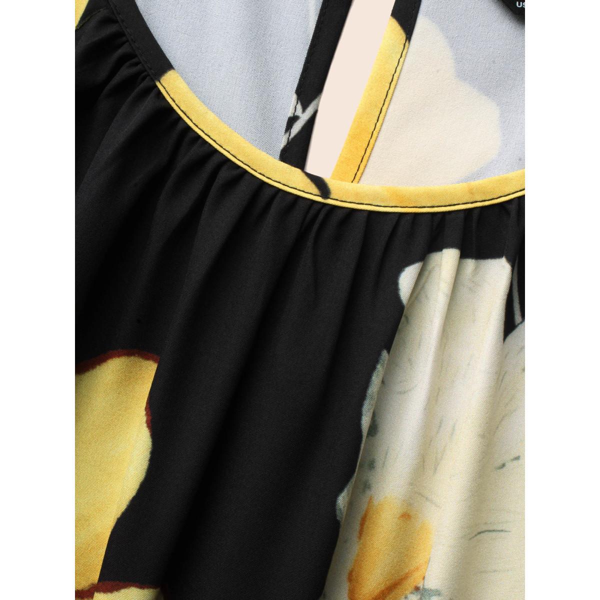 Plus Size Floral Round Neck Gathered Belted Dress Black Women Elegant Gathered Round Neck Long Sleeve Curvy BloomChic 30/6X Product Image