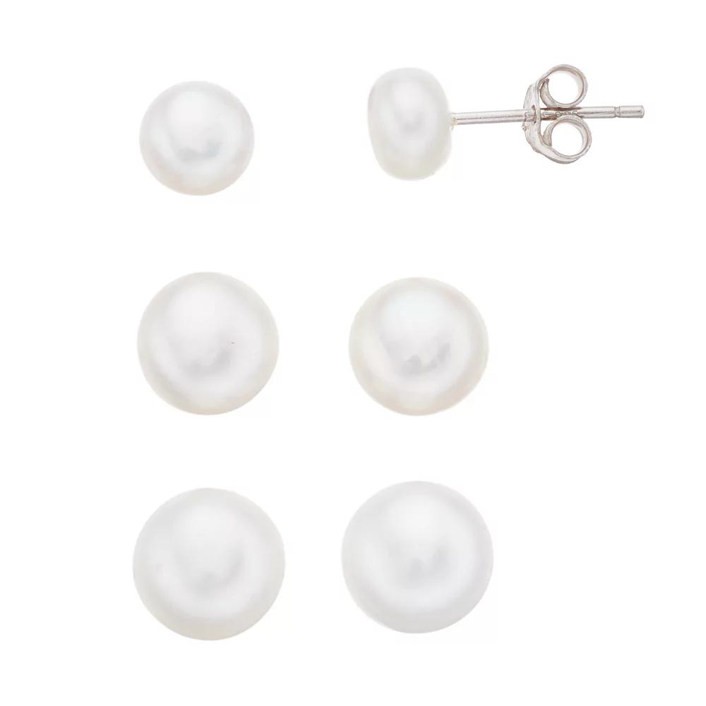Aleure Precioso 3 Pair Sterling Silver Freshwater Cultured Pearl Stud Earring Set, Women's, Sterling Silver White Product Image