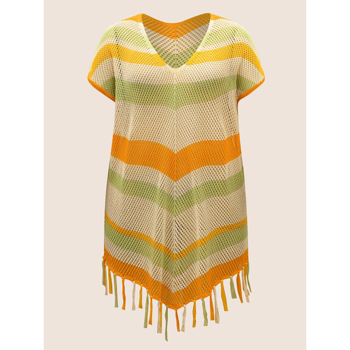 Plus Size Geometric Dolman Sleeve Tassel Trim Swim Cover Up Women's Swimwear Multicolor Beach Loose Tassels Curve Swim Cover Ups BloomChic 30/6X Product Image