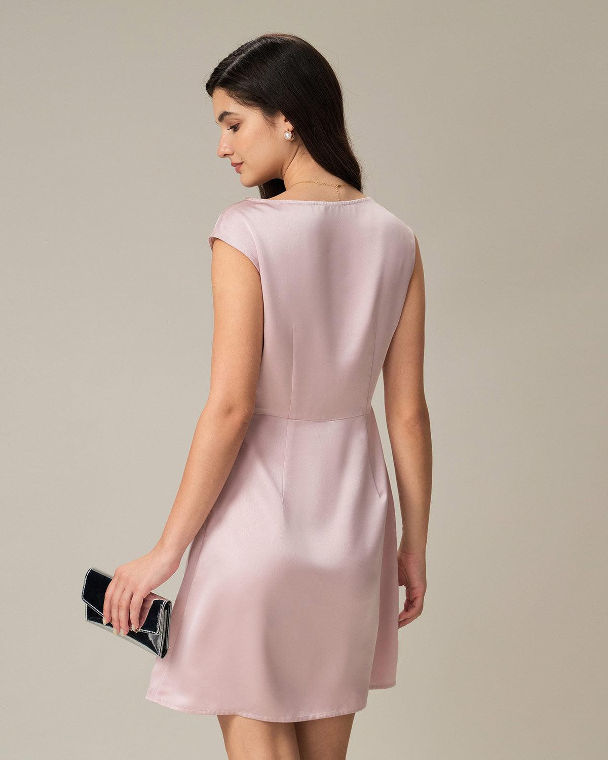Pink Boat Neck Satin Mini Dress Product Image