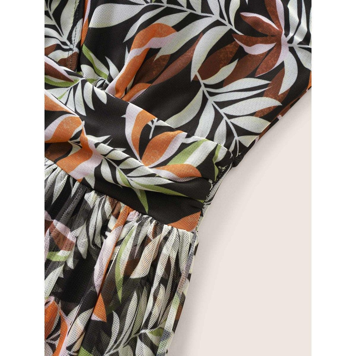 Plus Size Tropical Print Gathered Split Hem Swim Dress Women's Swimwear Black Beach Bodycon V-neck High stretch Curve Swim Dresses BloomChic 14-16/1X Product Image