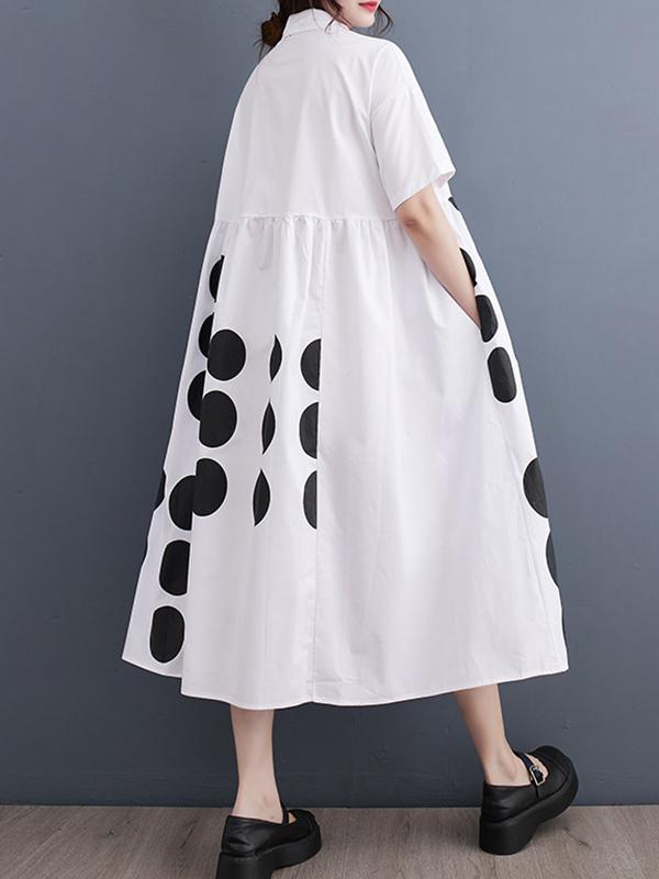A-Line Loose Buttoned Pockets Polka Dot Printed Lapel Midi Dresses Product Image
