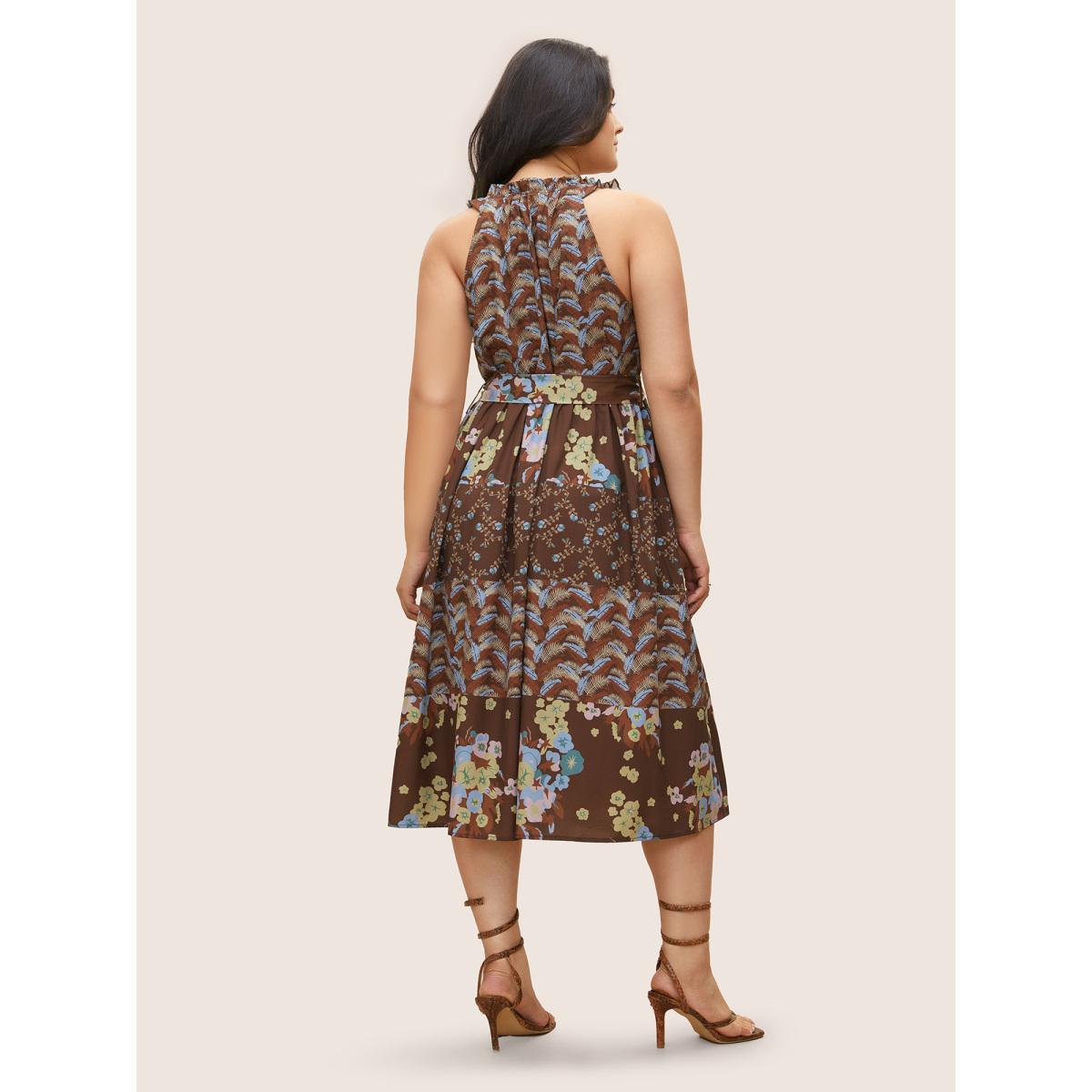 Plus Size Bandana Tie Neck Belted Tassel Trim Dress DarkBrown Women Resort Non V-neck Sleeveless Curvy Midi Dress BloomChic 26/4X Product Image