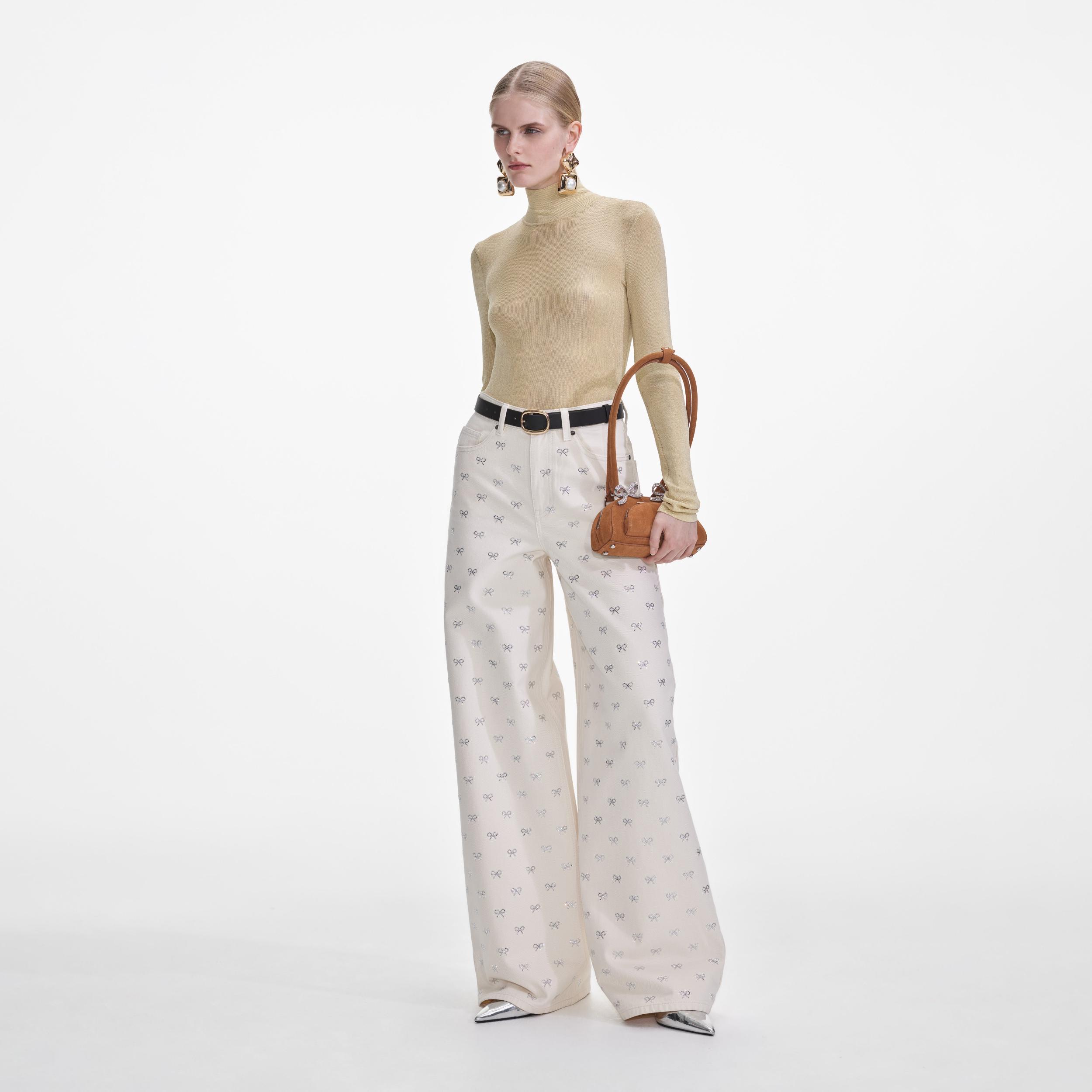 Cream Denim Diamante Bow Jeans Product Image