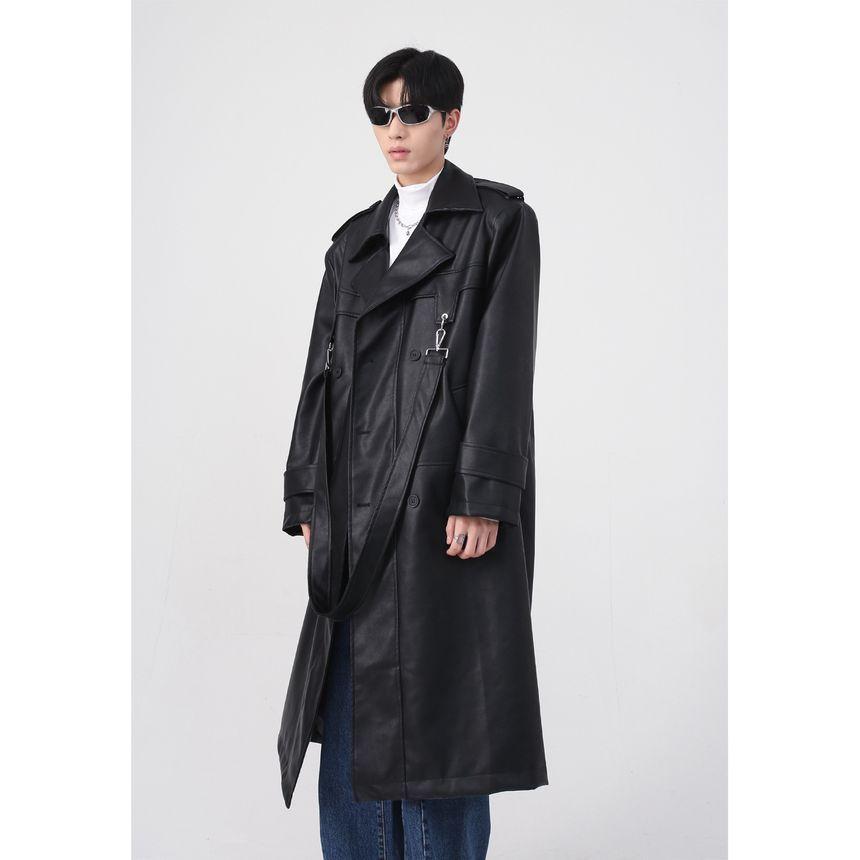 Lapel Collared Faux Leather Double Breasted Long Coat Product Image