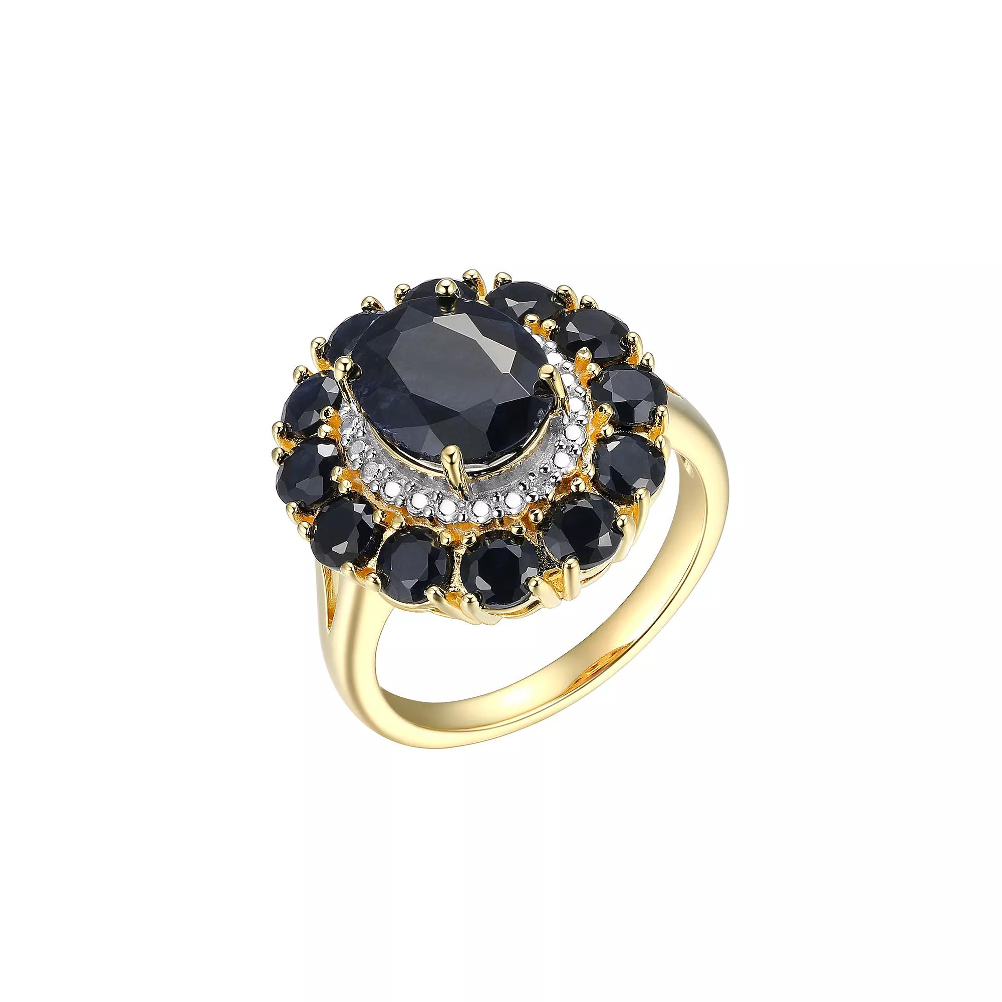 18k Gold Over Sterling Silver Black Sapphire and Diamond Accent Halo Ring, Women's, Size: 7, Gold Tone Product Image