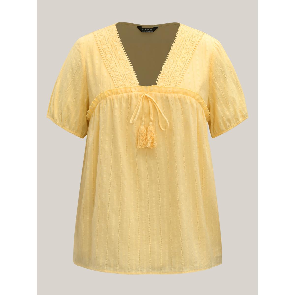 Plus Size Lightyellow Cotton Textured Lace Trim Neck-Tie Blouse Women Boho Short sleeve V-neck Vacation Blouses BloomChic 10/M Product Image