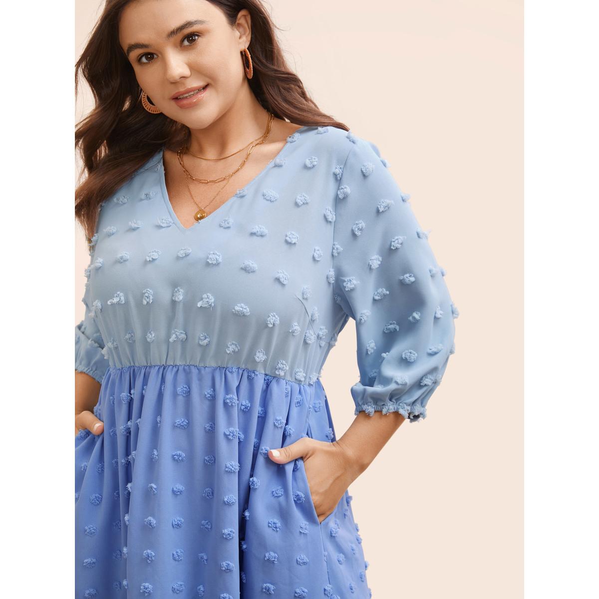Plus Size Textured Colorblock Contrast Lantern Sleeve Dress LightBlue Women Elegant Texture V-neck Elbow-length sleeve Curvy BloomChic 22-24/3X Product Image