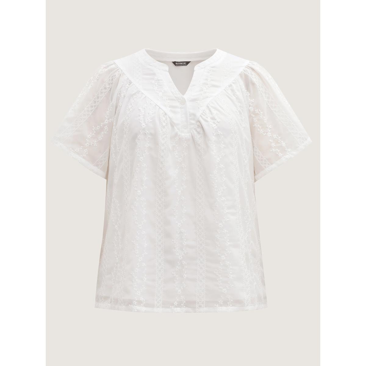 Plus Size Beige Embroidered Notched Collar Sheer Blouse Women Boho Short sleeve Flat collar with V-notch Vacation Blouses BloomChic 28/5X Product Image