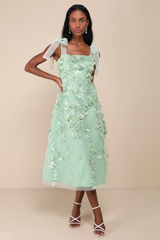 Effortlessly Sweet Sage Tulle 3D Floral Tie-Strap Midi Dress Product Image