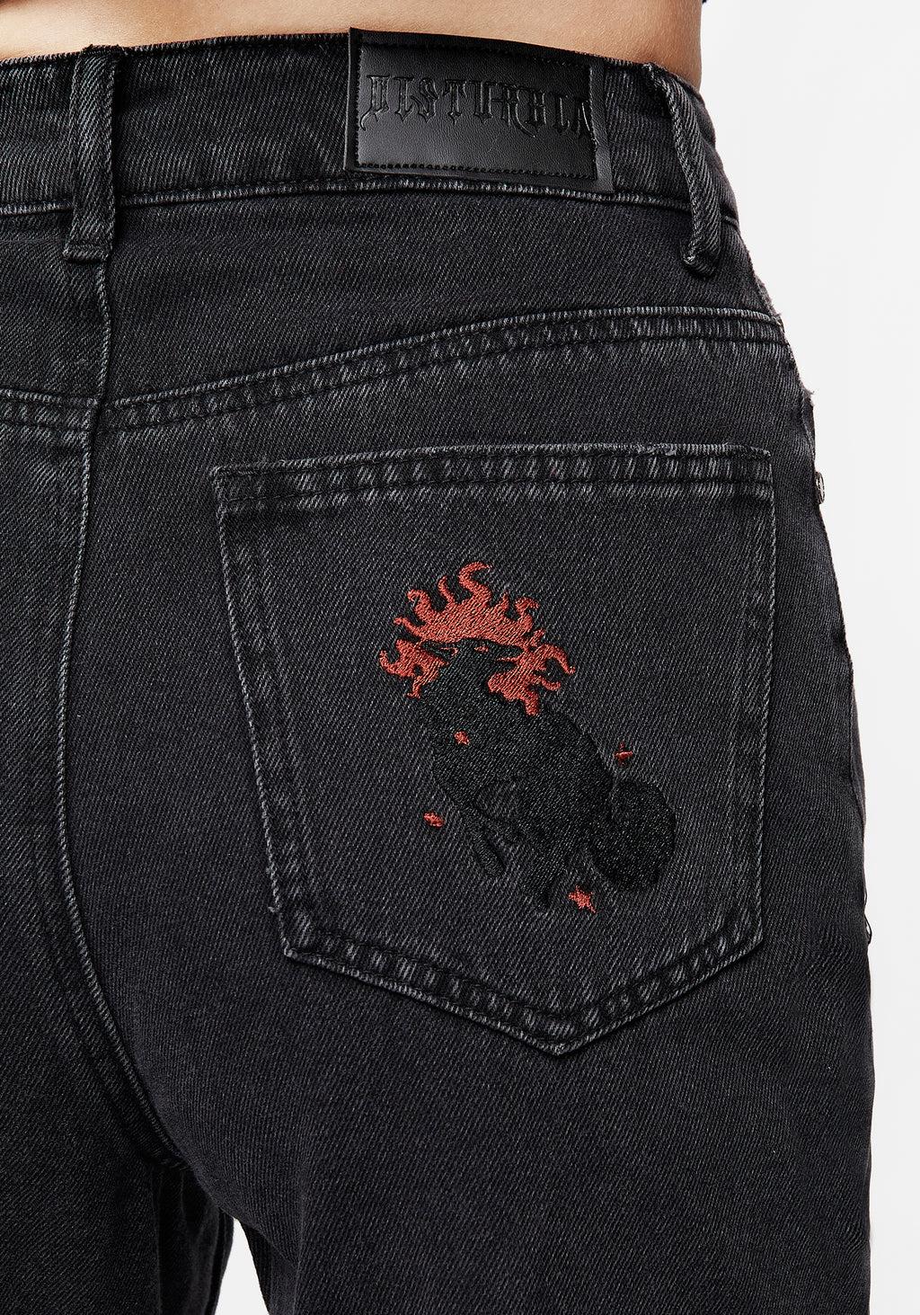 Foxfire Embroidered Distressed Mom Jeans Product Image