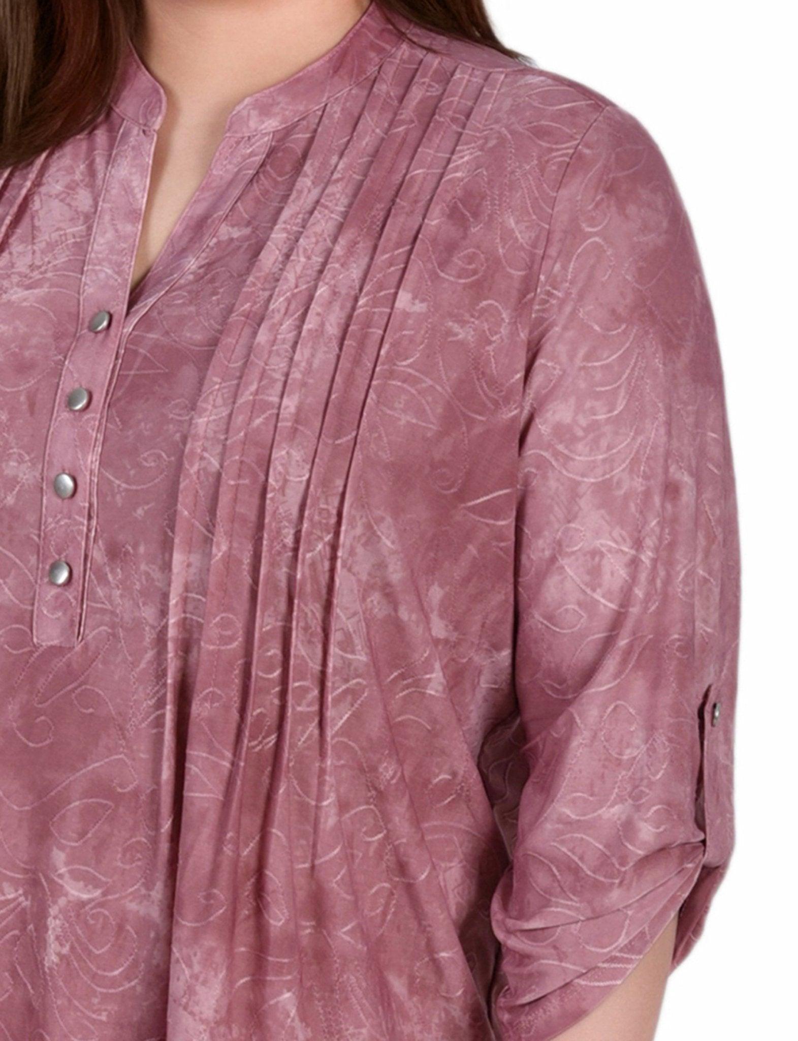 Mauve Tie Dye 3/4 Sleeve Roll Tab Y Neck Top - Plus Product Image