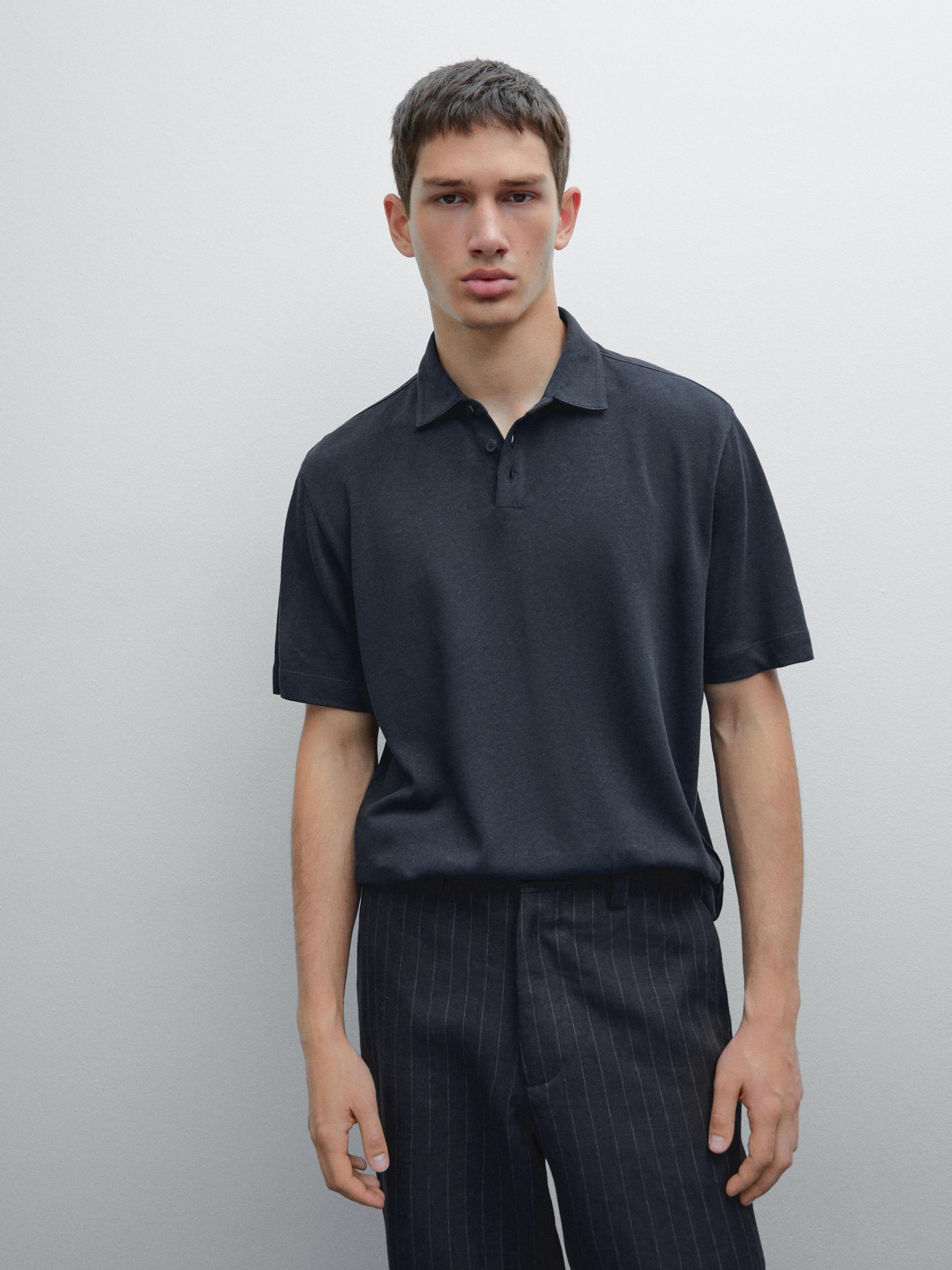 Short sleeve linen blend polo shirt Product Image