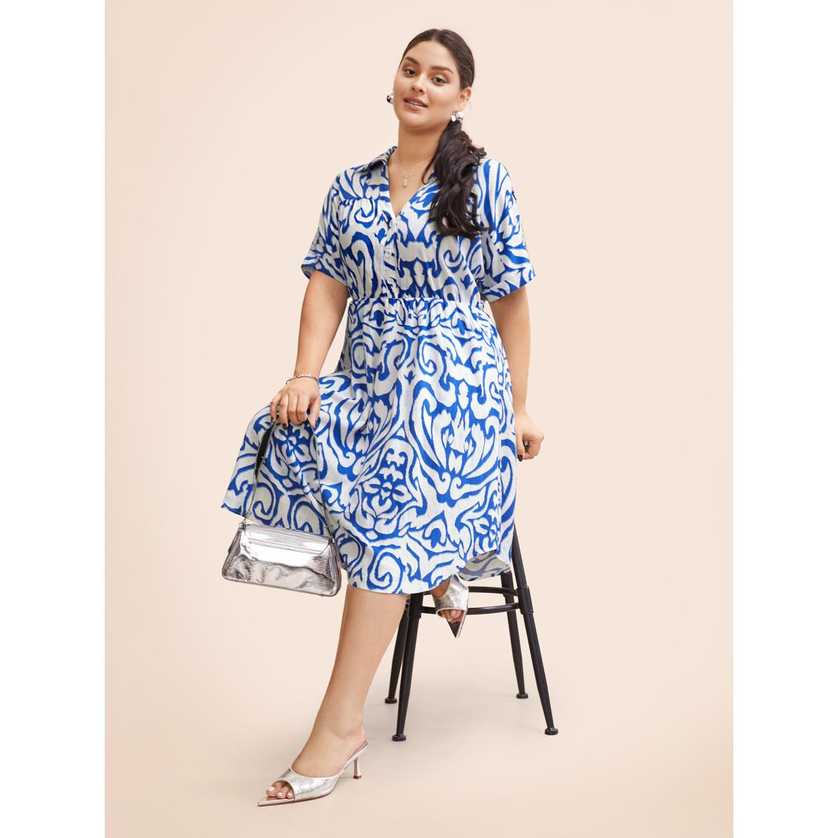 Plus Size Boho Print Button Detail Cuffed Sleeve Dress Beige Women At the Office Gathered Shirt collar Short sleeve Curvy BloomChic 18-20/2X Product Image