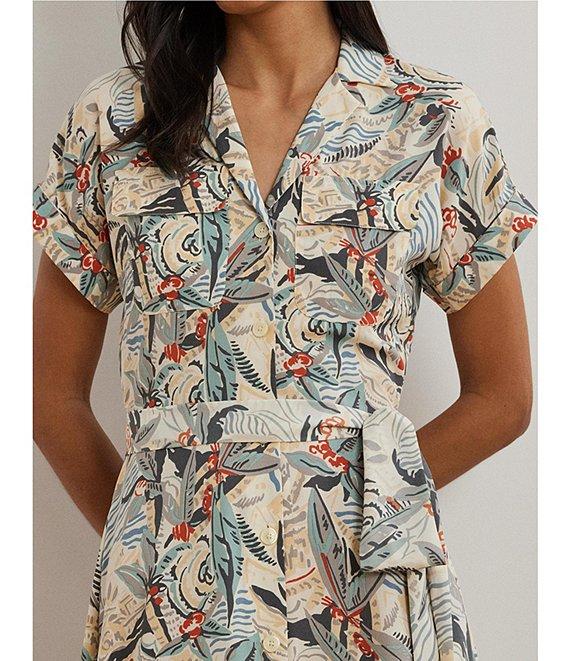 Lauren Ralph Lauren Crepe de Chine Abstract Print Camp Collar Short Sleeve Belted Shirt Dress Product Image
