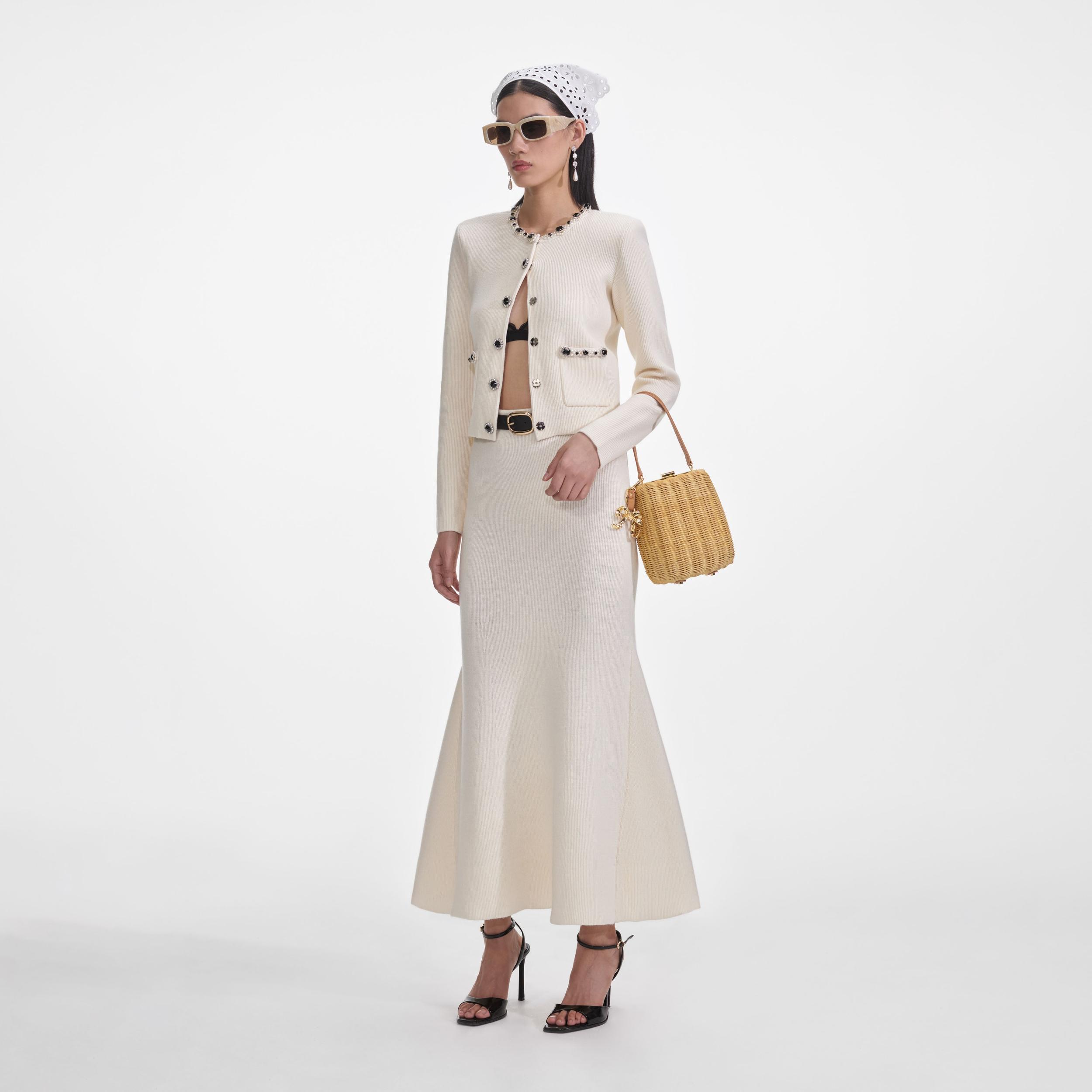 Cream Flared Knit Midi Skirt Product Image