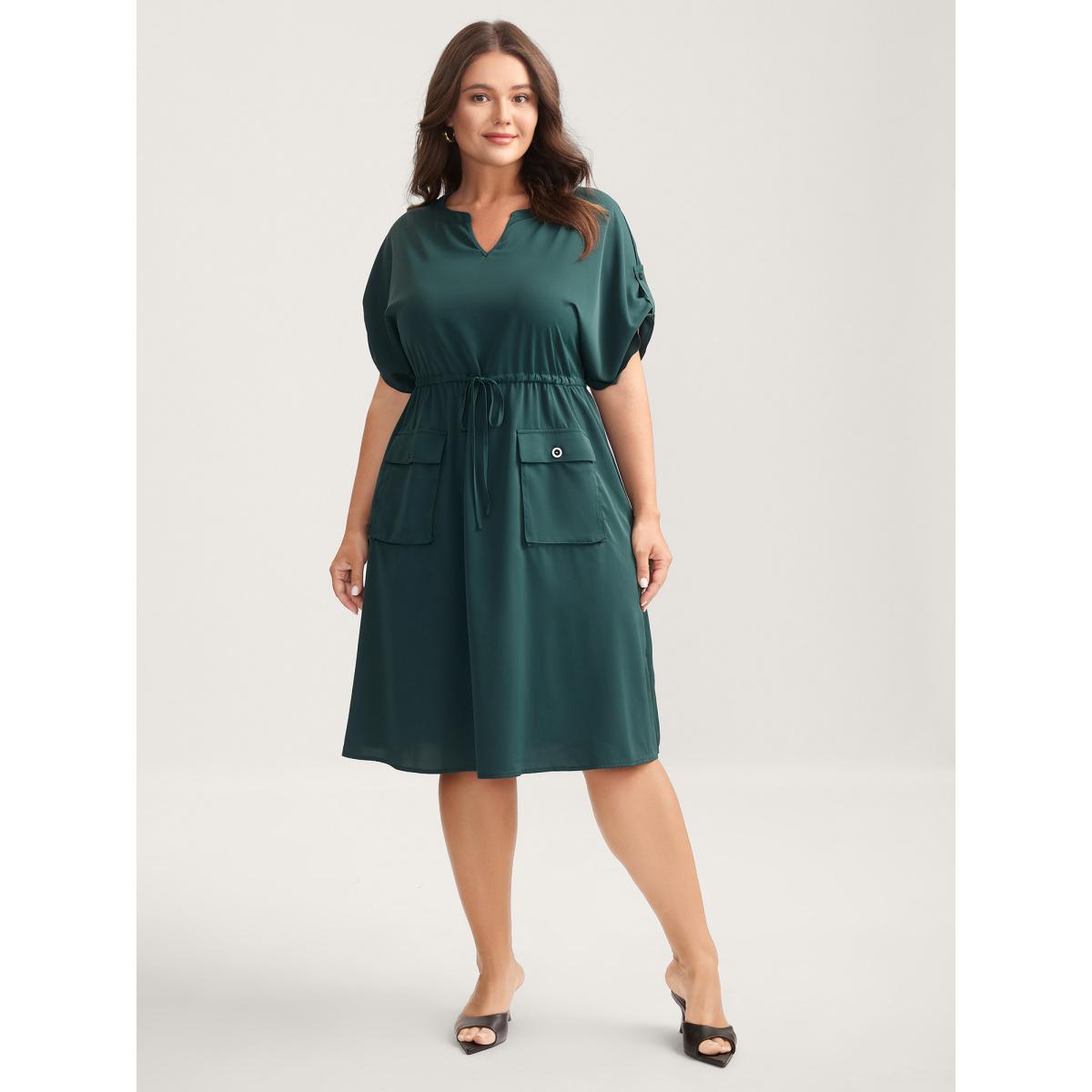 Plus Size Solid Waist Drawstring Pockets Midi Dress Cyan Women Flat collar with V-notch Half Sleeve Curvy BloomChic 28/5X Product Image
