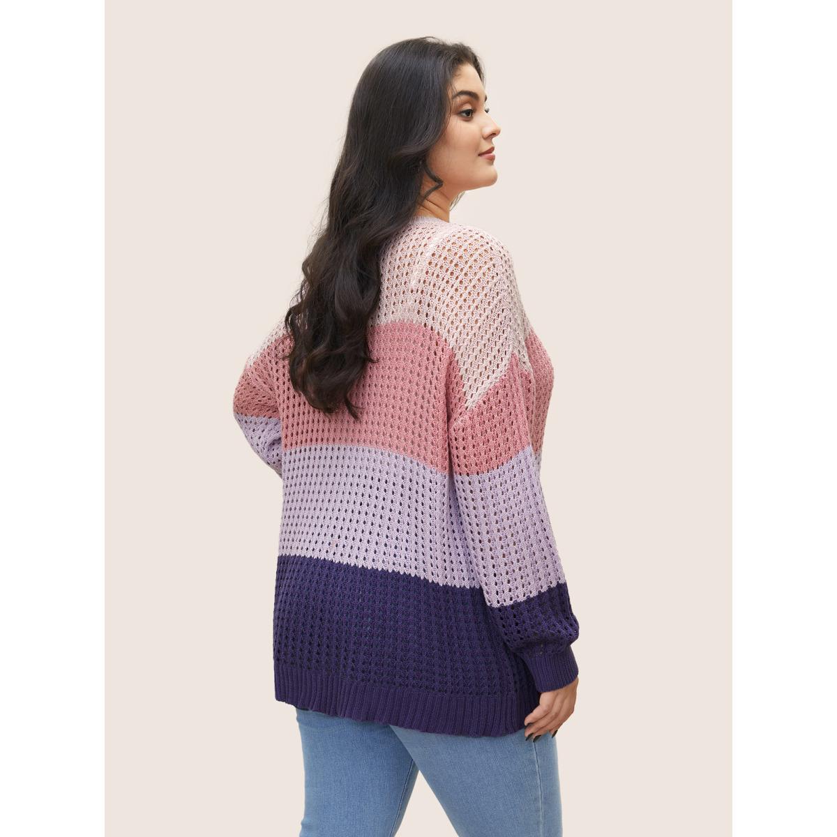 Plus Size Colorblock Contrast Pointelle Knit Drop Shoulder Pullover Watermelon Women Casual Long Sleeve Round Neck Everyday Pullovers BloomChic 18-20/2X Product Image