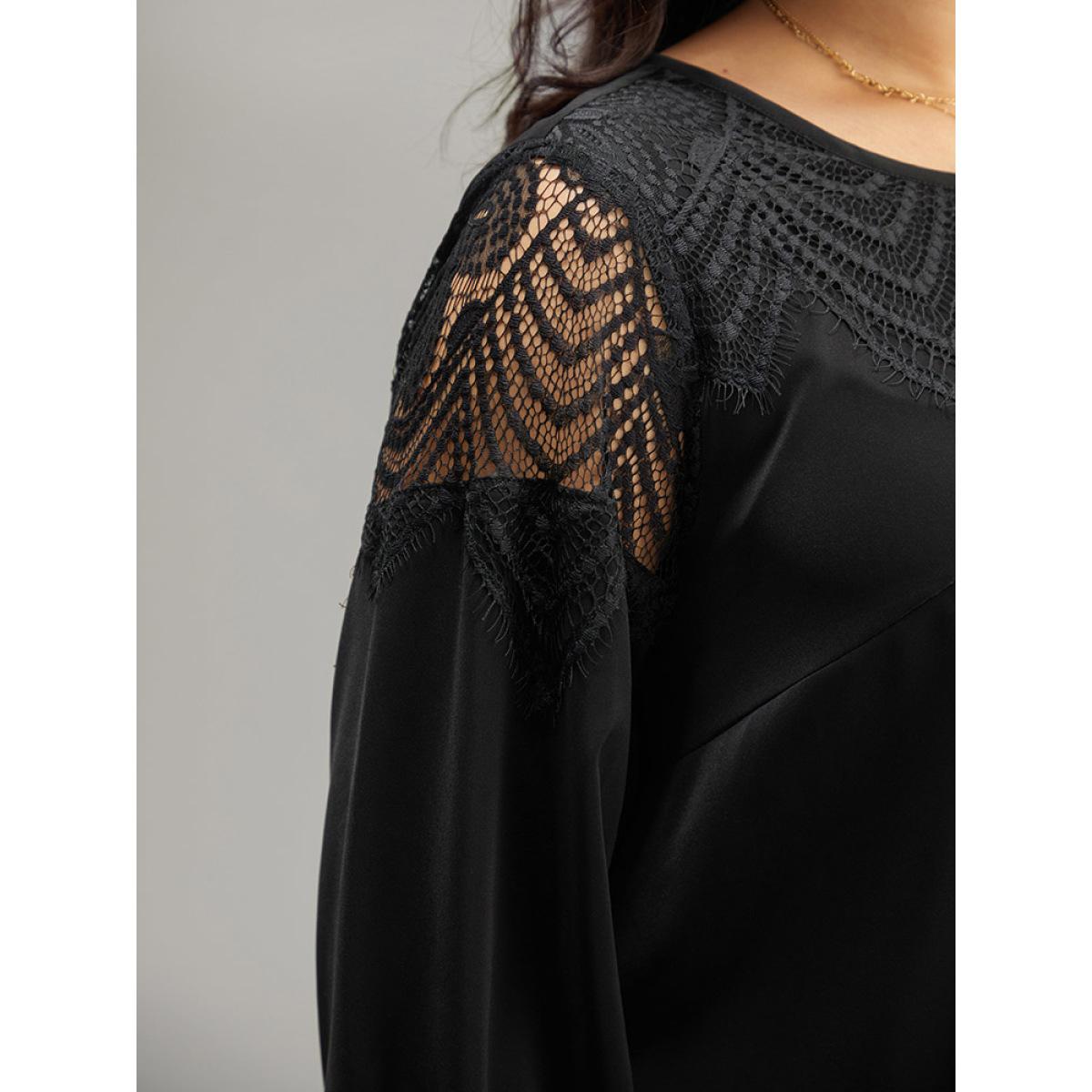 Plus Size Black Anti-Wrinkle Solid Lace Panel Lantern Sleeve Blouse Women Elegant Long Sleeve Round Neck Dailywear Blouses BloomChic 26/4X Product Image