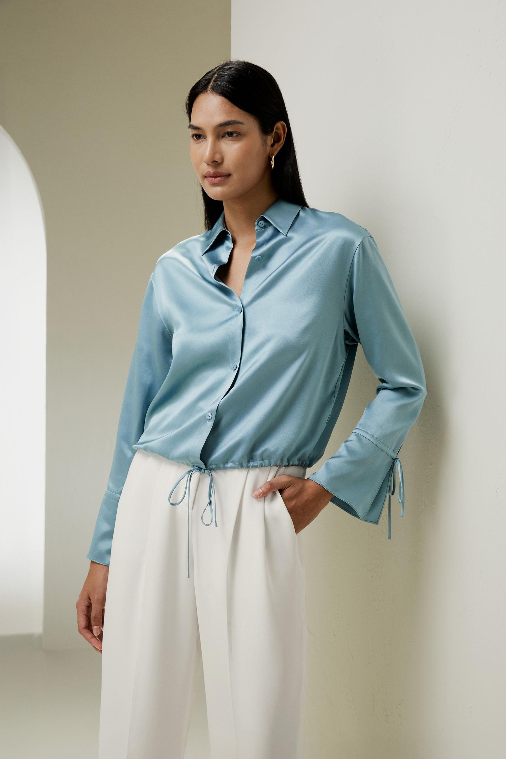 LILYSILK Womens Button Up Shirt Silk - Taupe Natural Silk - Fashionable Drawstring Shirt XL Product Image