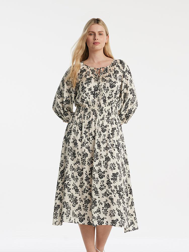 Camellia Print Gathered Waist Women Midi Dress Product Image