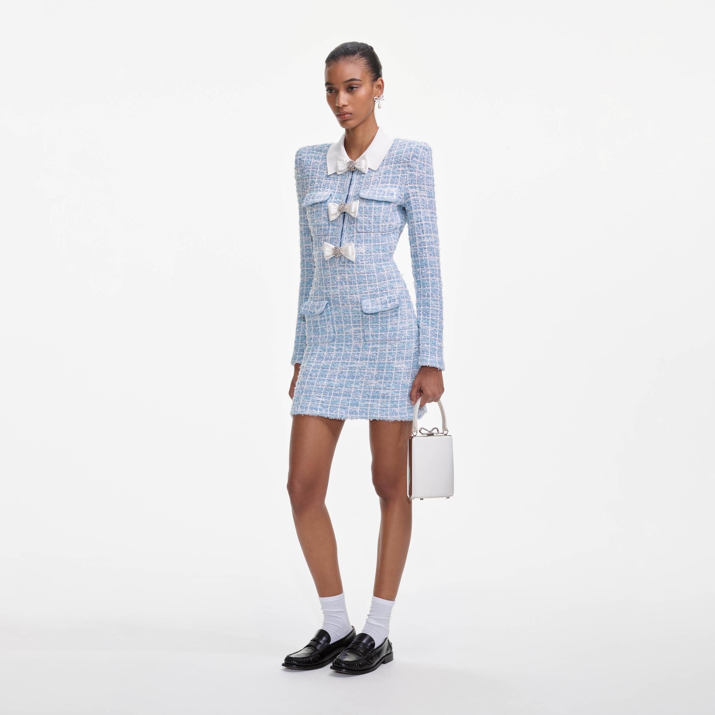 Blue Check Collared Knit Mini Dress Product Image