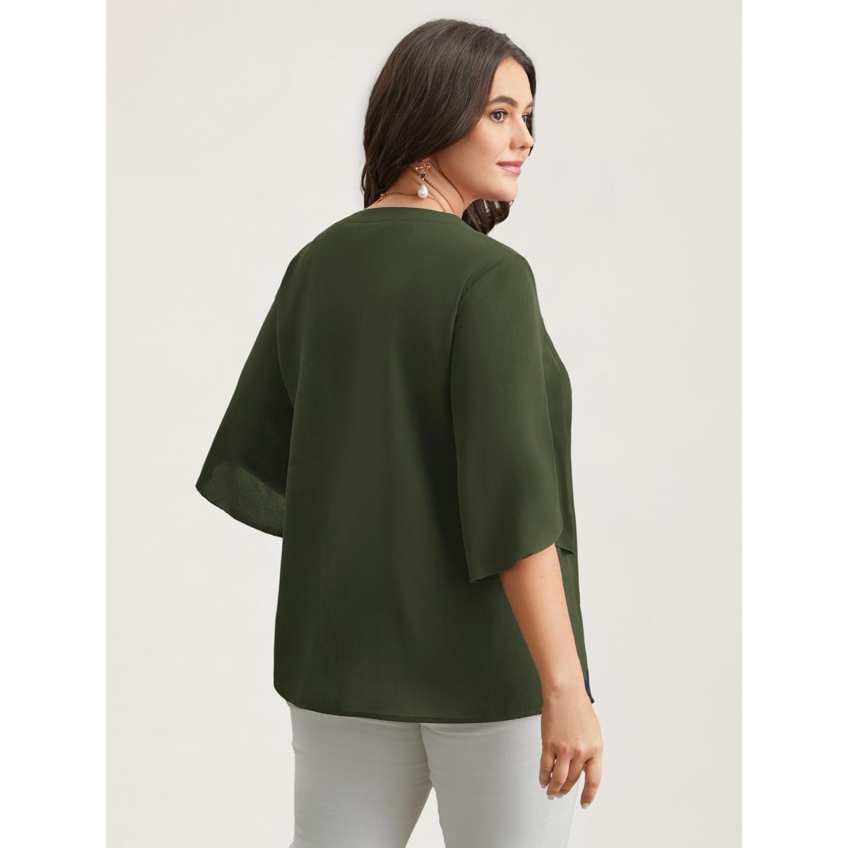 Plus Size ArmyGreen Petal Sleeve Toothpick Pleats Shirt Women At the Office Elbow-length sleeve Notched collar Work Blouses BloomChic 12/L Product Image