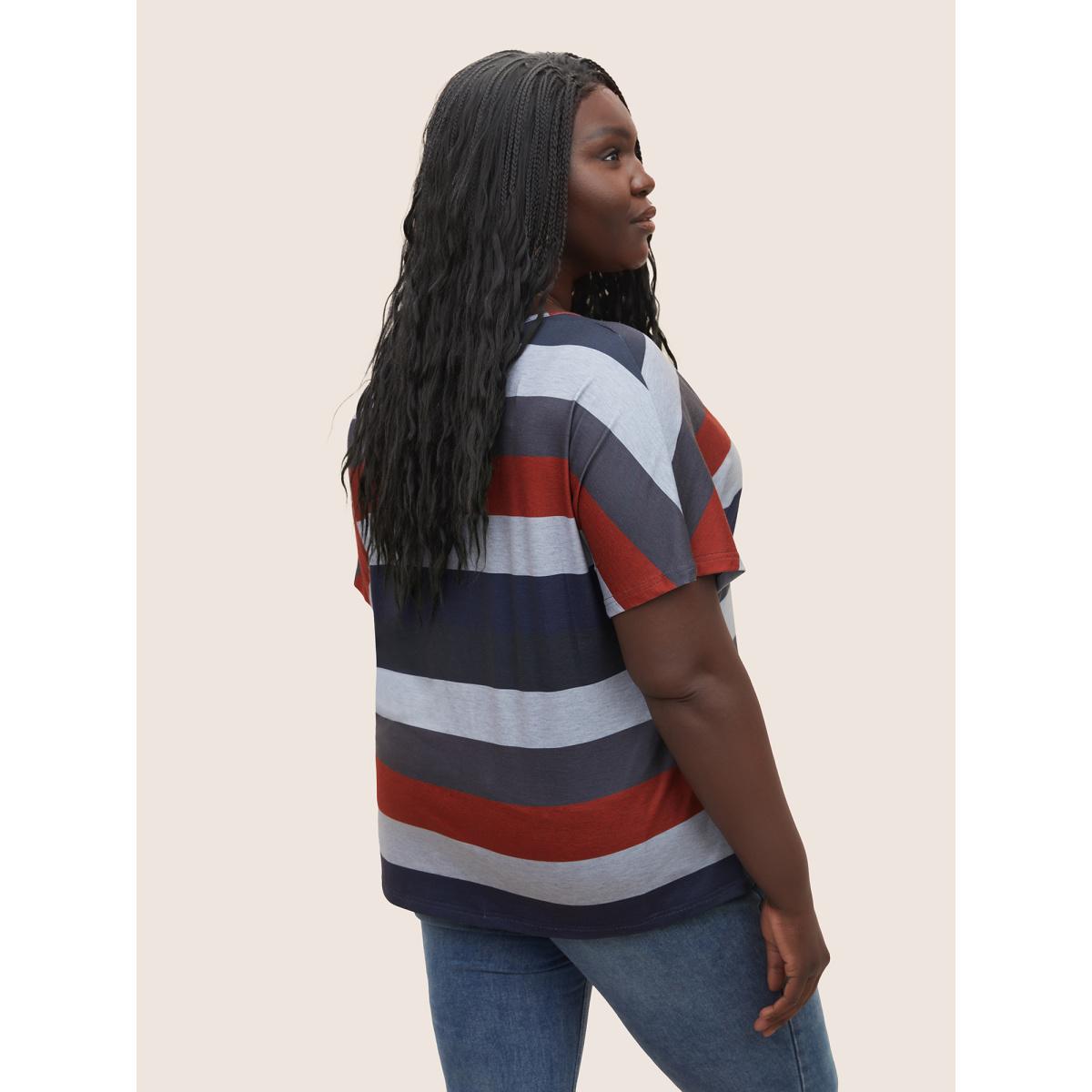 Plus Size Contrast Striped Dolman Sleeve T-shirt Multicolor Women Casual Striped V-neck Everyday T-shirts BloomChic 18-20/2X Product Image