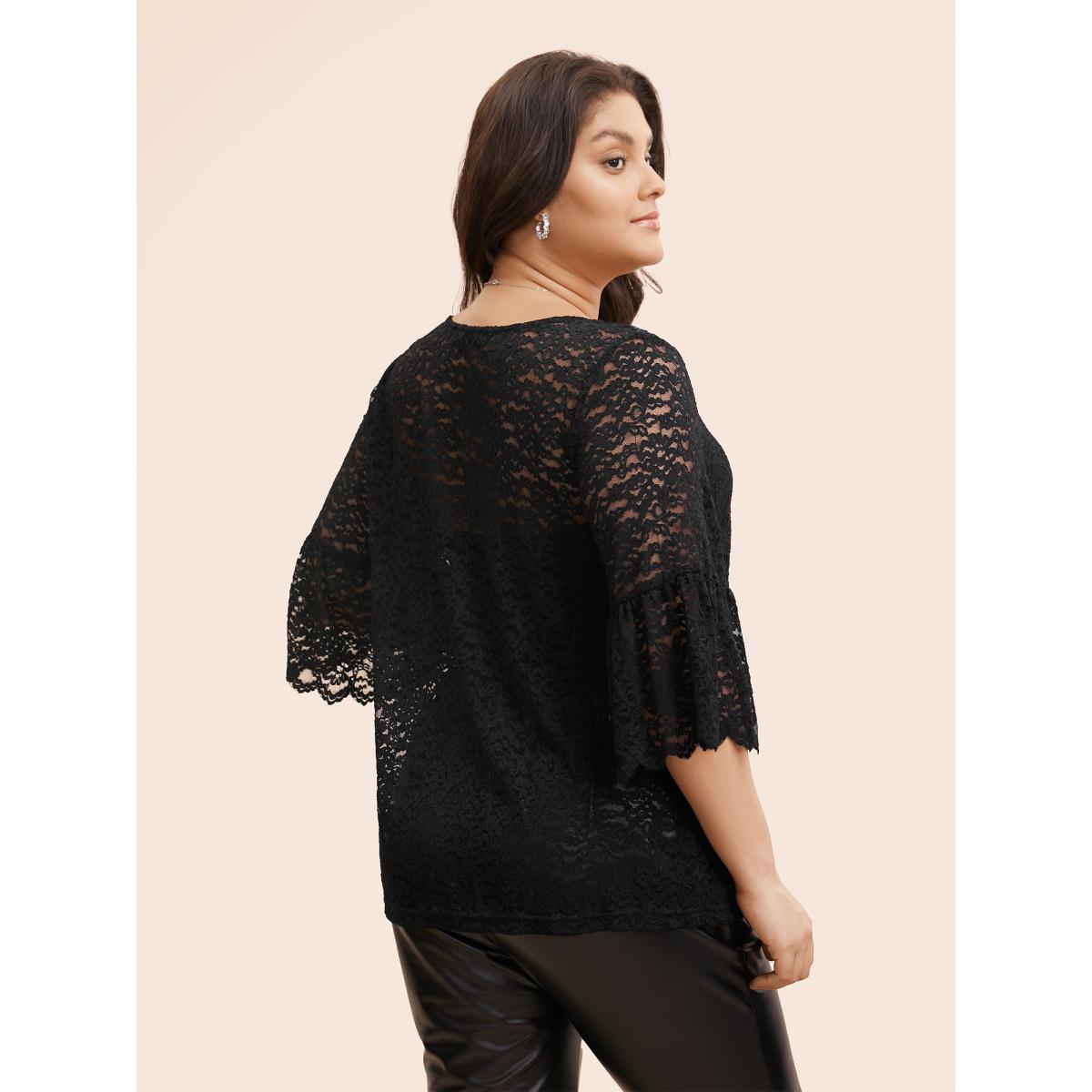 Plus Size Black Stretch Lace Mesh Ruffle Trim Blouse Women Elegant Elbow-length sleeve V-neck Everyday Blouses BloomChic 12/L Product Image