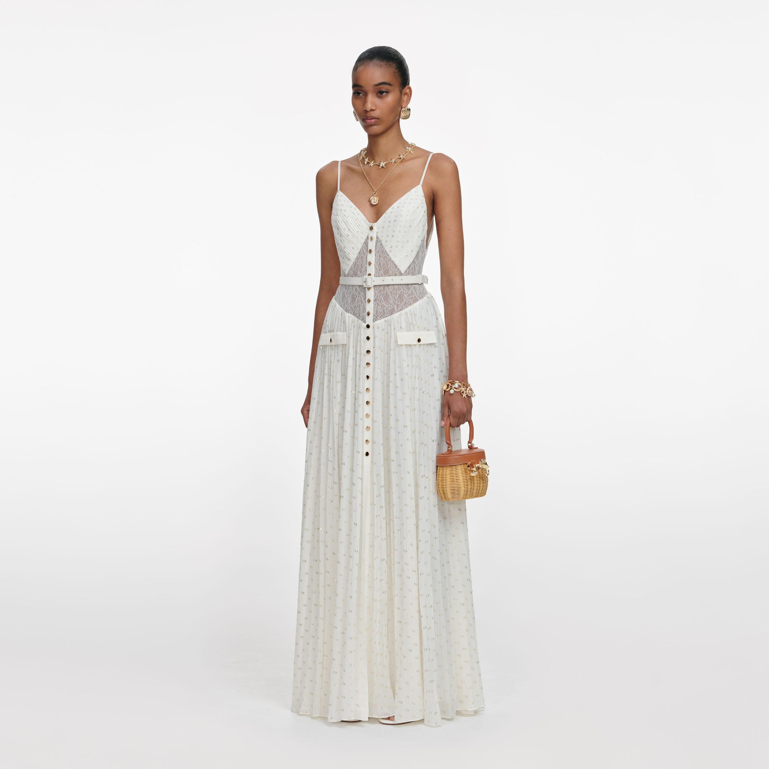 Cream And Gold Chiffon Maxi Dress Product Image