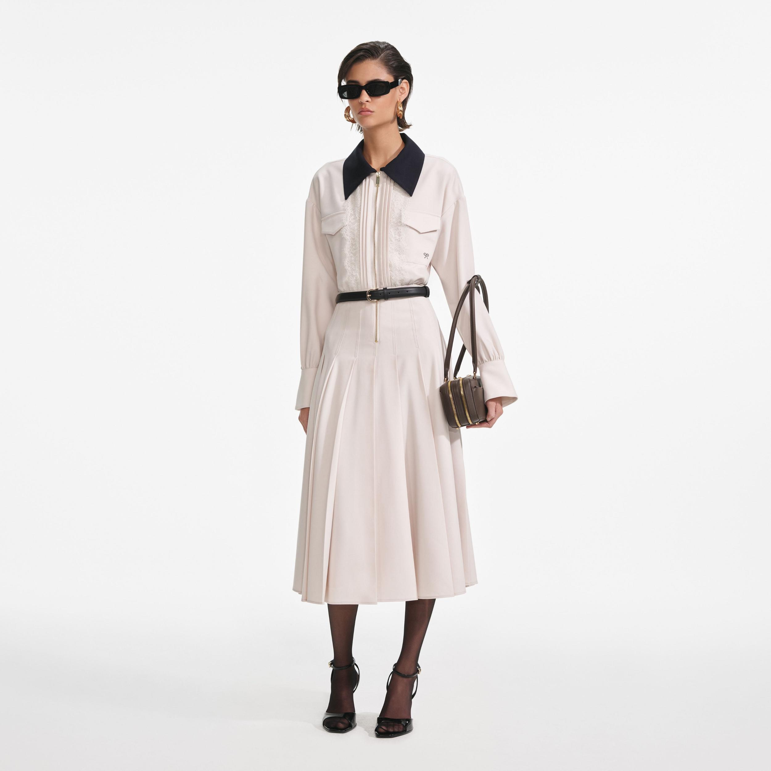 Cream Twill Contrast Collar Midi Dress Product Image