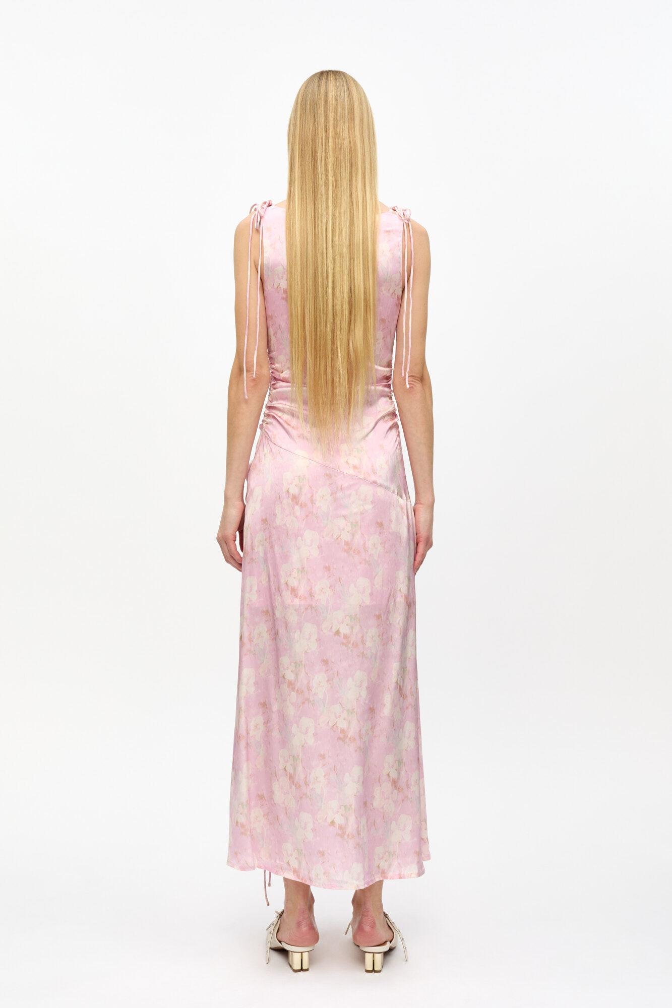 Pink Printed Satin Gathered Dress Product Image