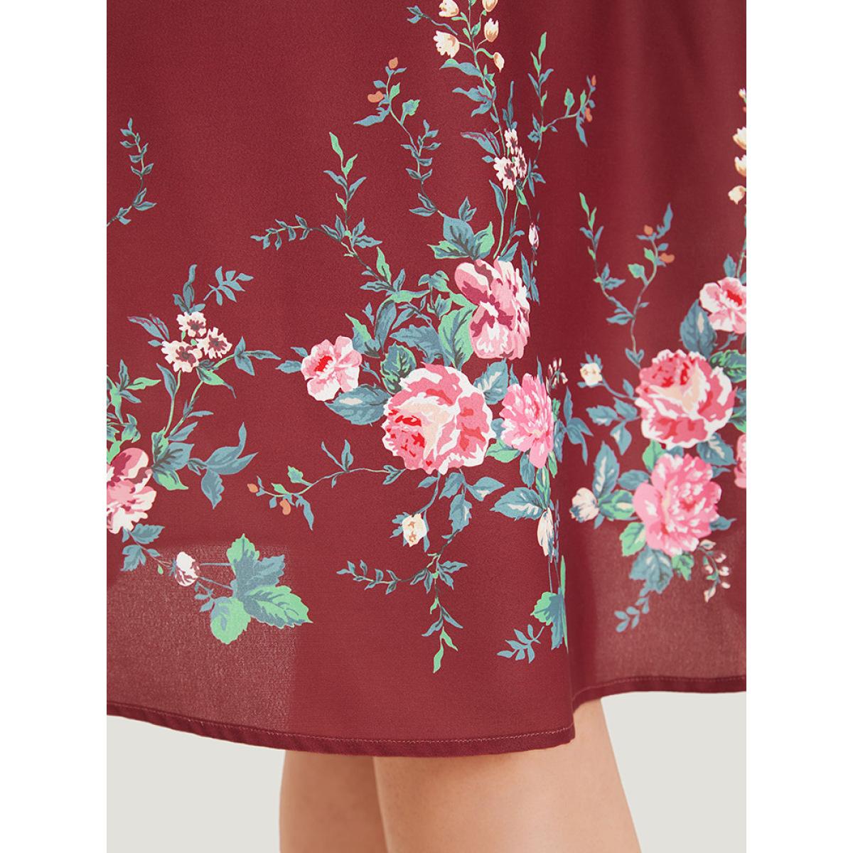 Plus Size Floral Print Pocket Flutter Hem Skirt Women Burgundy Elegant Printed No stretch Pocket Dailywear Skirts BloomChic 28/5X Product Image
