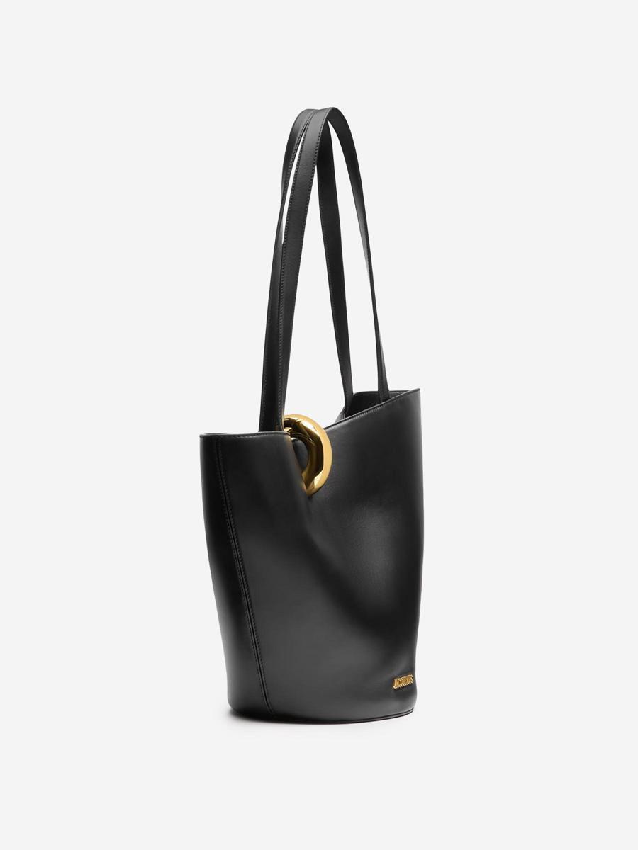 JACQUEMUS The Medium Bambola Asymmetric Leather Bucket Bag In Black 990 Product Image