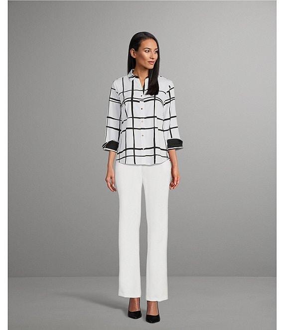 Investments Woven Blocked Plaid 3/4 Sleeve Point Collar Button Front Split Cuff Top Product Image