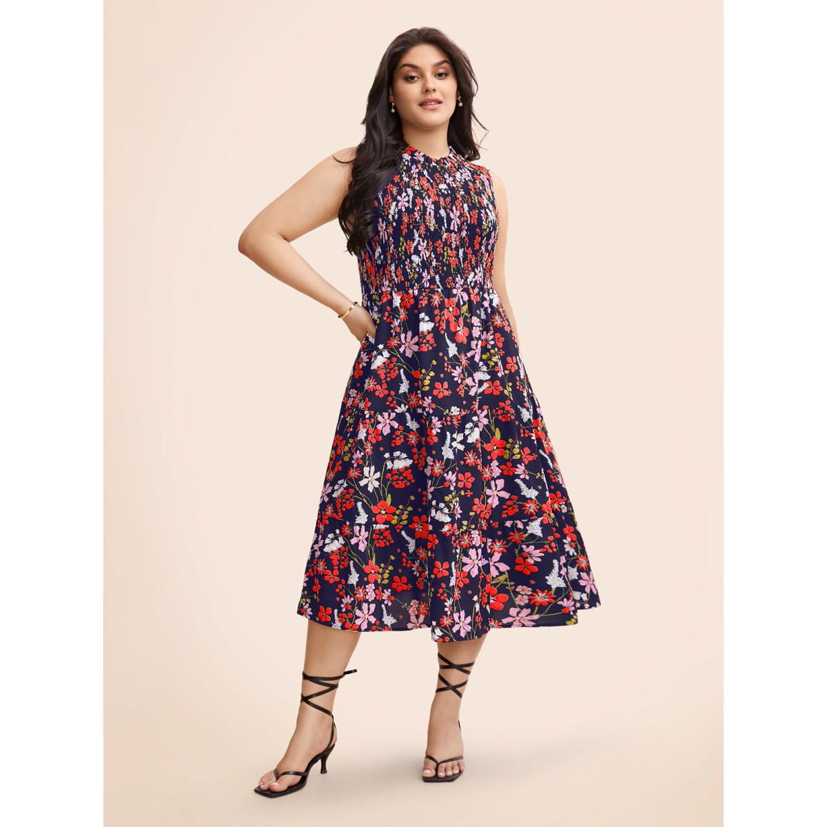 Plus Size Floral Shirred Mock Neck Cut Out Pocket Ruffle Hem Dress DarkBlue Women Elegant Frill Trim Mock Neck Sleeveless Curvy Midi Dress BloomChic 28/5X Product Image
