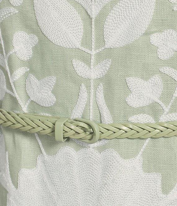 Le' AL.X Linen Embroidered Square Neck Sleeveless Spaghetti Strap Braided Belt Column Side Slit Maxi Coordinating Dress Product Image