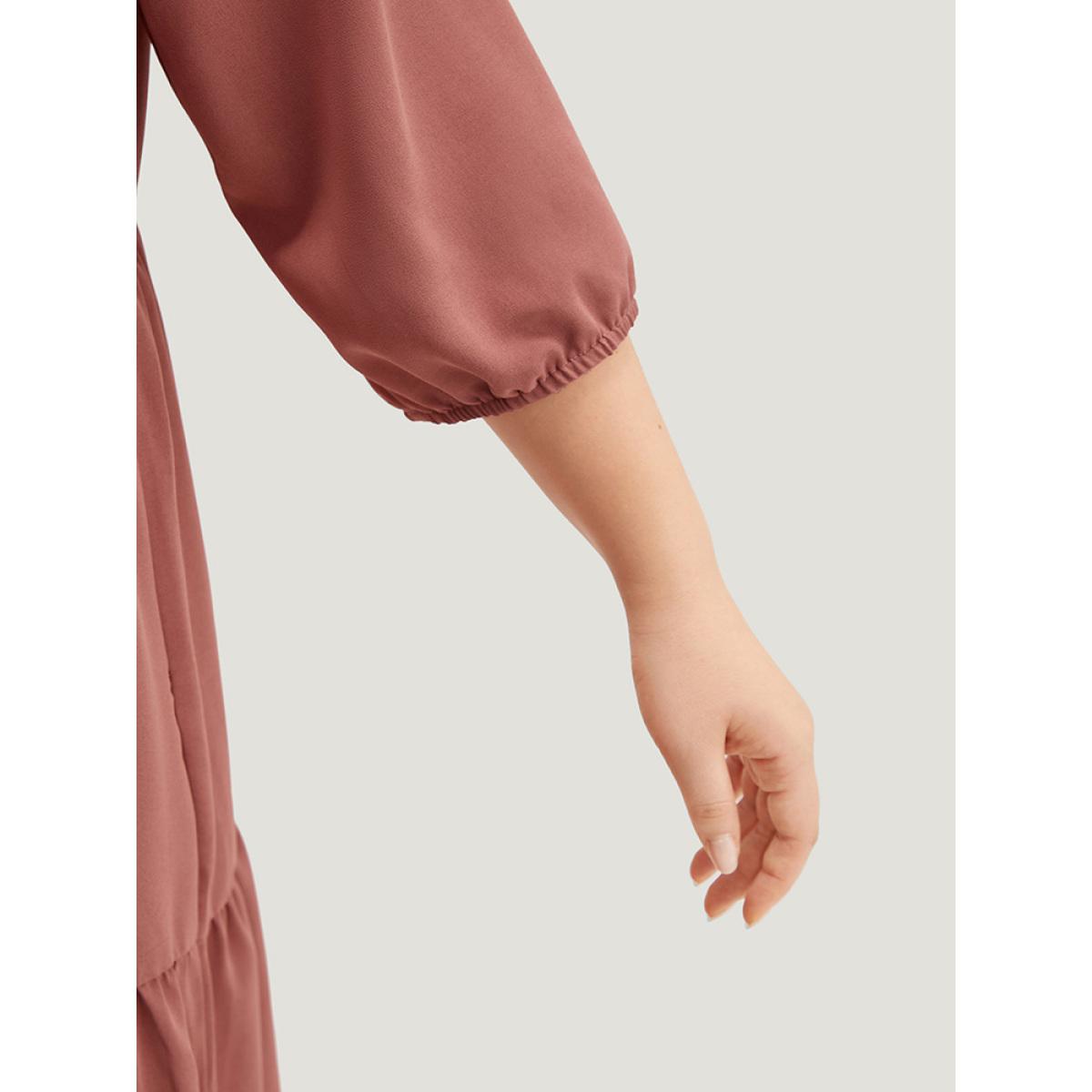 Plus Size Solid Notched Lantern Sleeve Layered Hem Dress Salmon Women Casual Elastic cuffs Notched collar Elbow-length sleeve Curvy Midi Dress BloomChic 14-16/1X Product Image