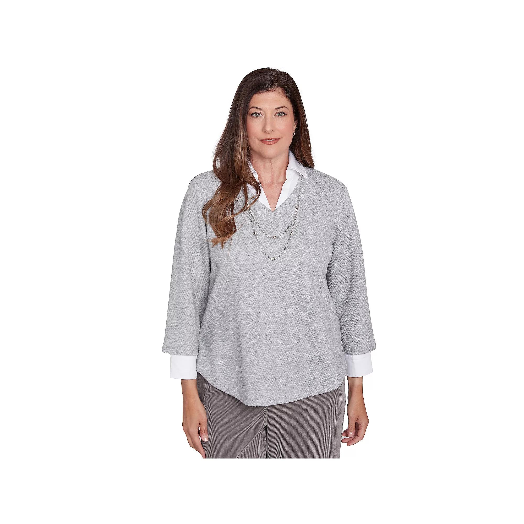 Women's Alfred Dunner Collared Two-In-One Pullover Top with Necklace, Size: Large, Silver Product Image