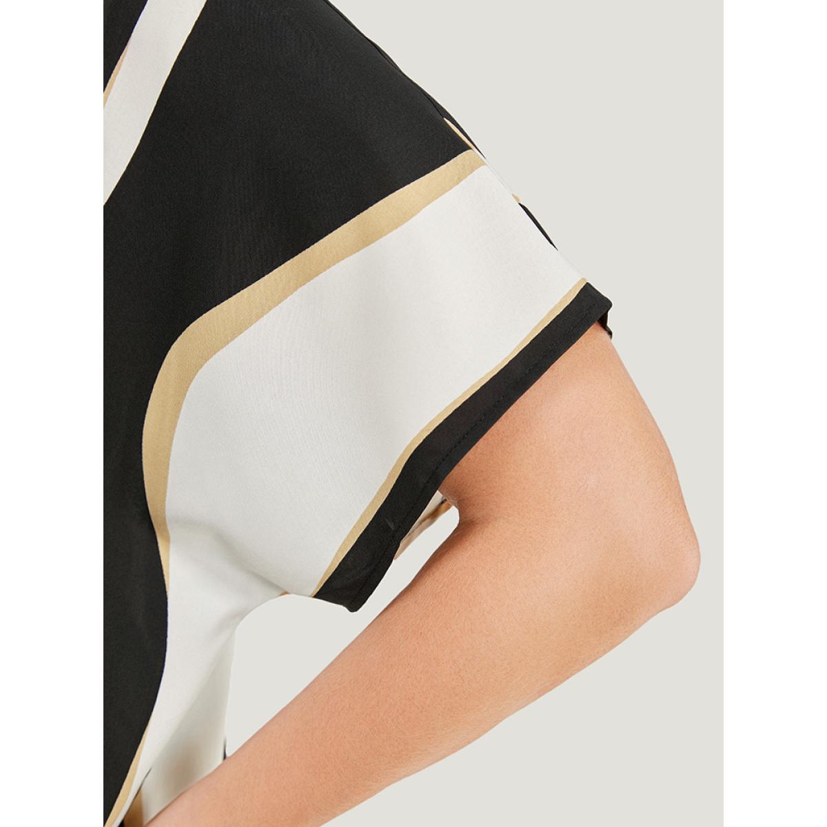 Plus Size Multicolor Geometric Contrast Batwing Sleeve Knot Hem Blouse Women Office Short sleeve Round Neck Dailywear Blouses BloomChic 22-24/3X Product Image