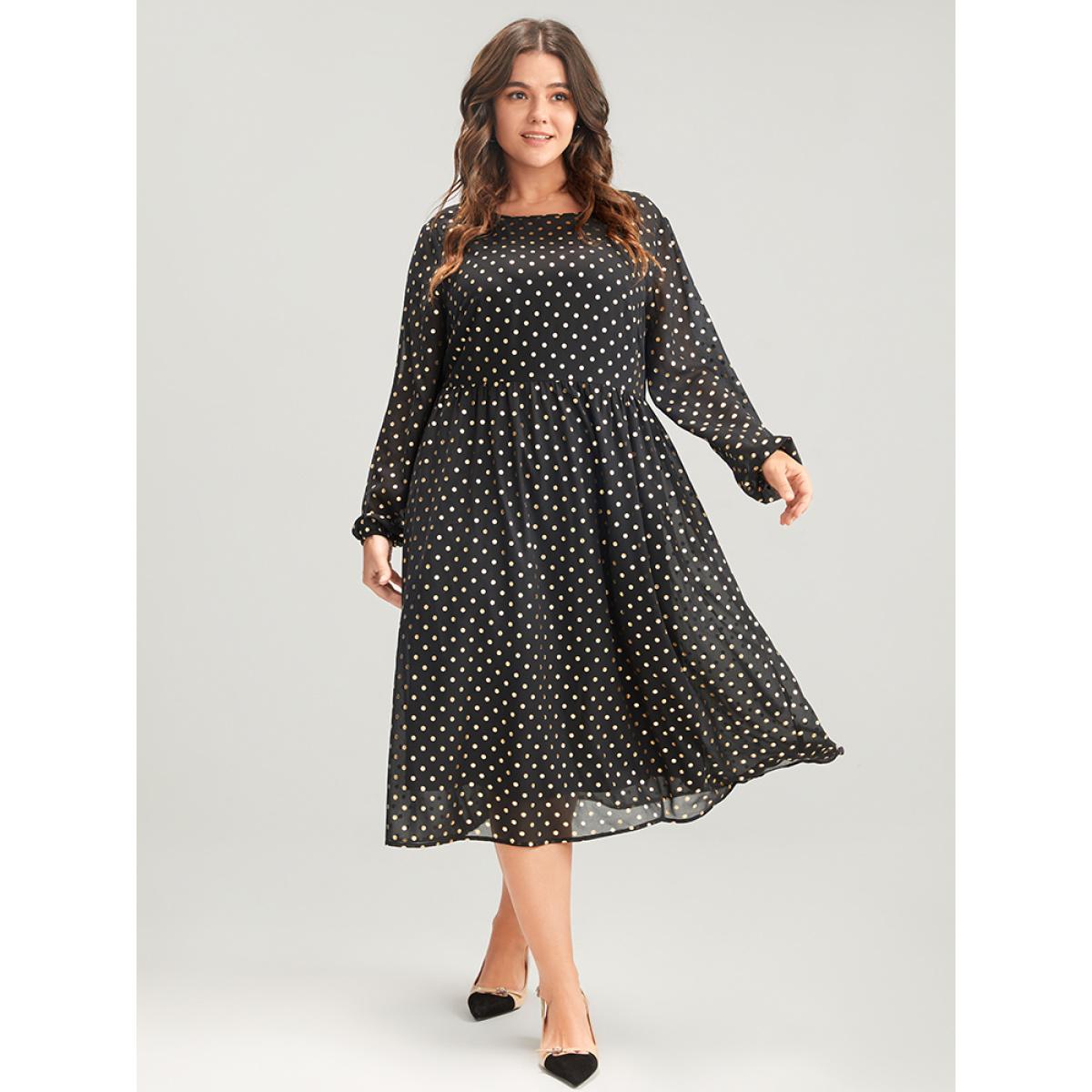 Plus Size Polka Dot Mesh Lantern Sleeve Flutter Round Neck Midi Dress Black Women Party See through Round Neck Long Sleeve Curvy Midi Dress BloomChic 14-16/1X Product Image