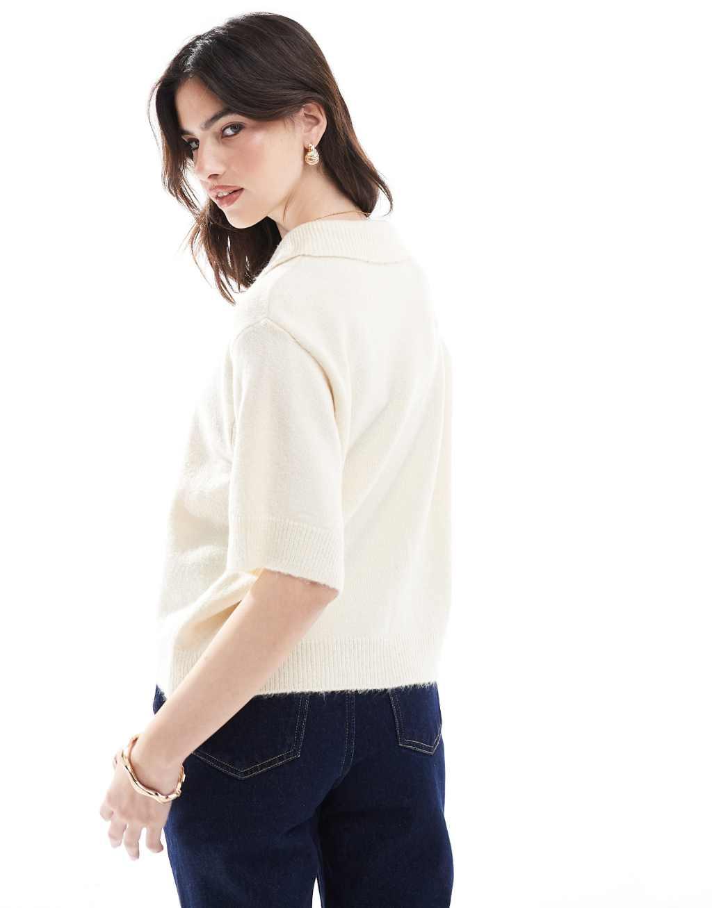 ASOS DESIGN knitted short sleeve shirt cardigan in cream Product Image