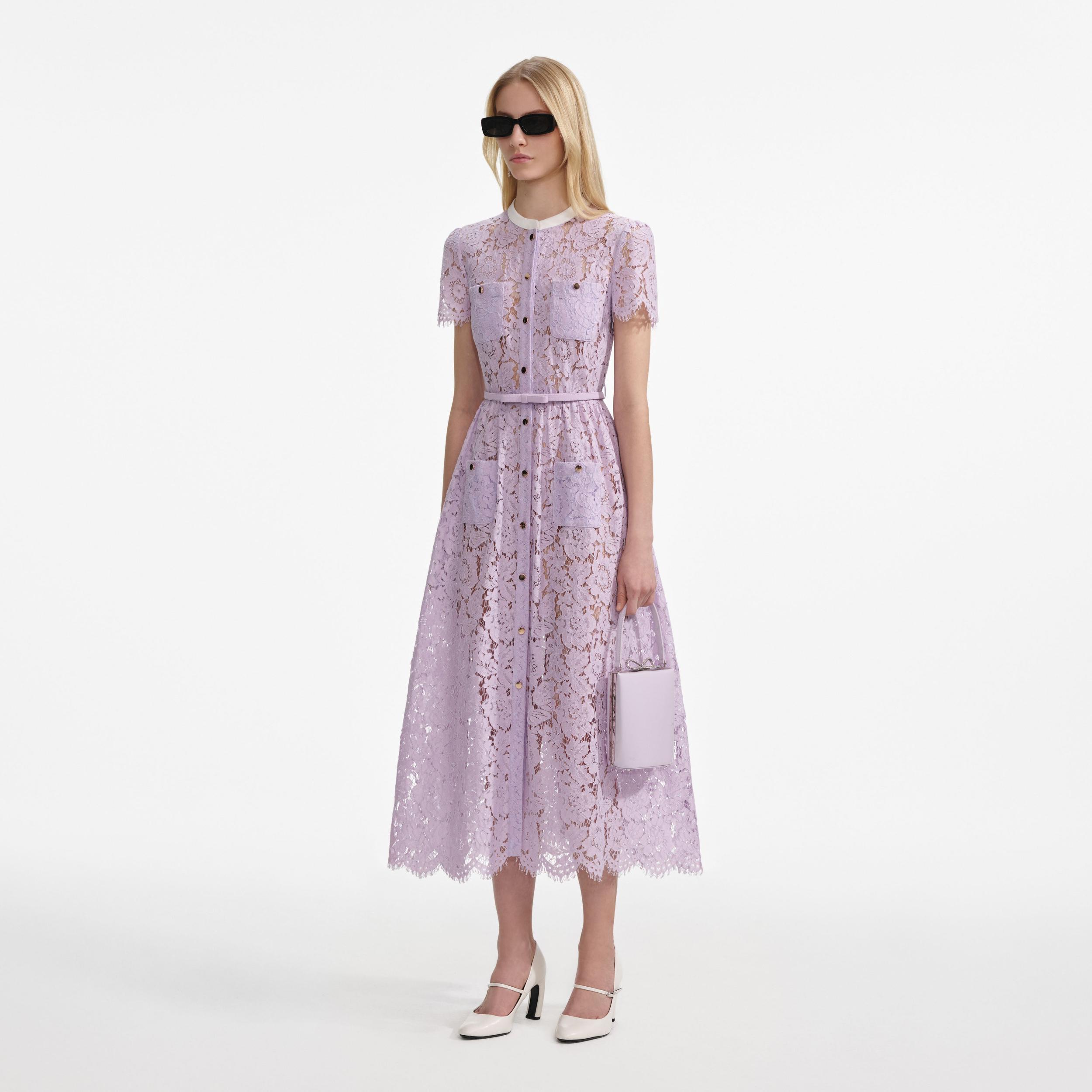Lilac Lace Button Front Midi Dress Product Image