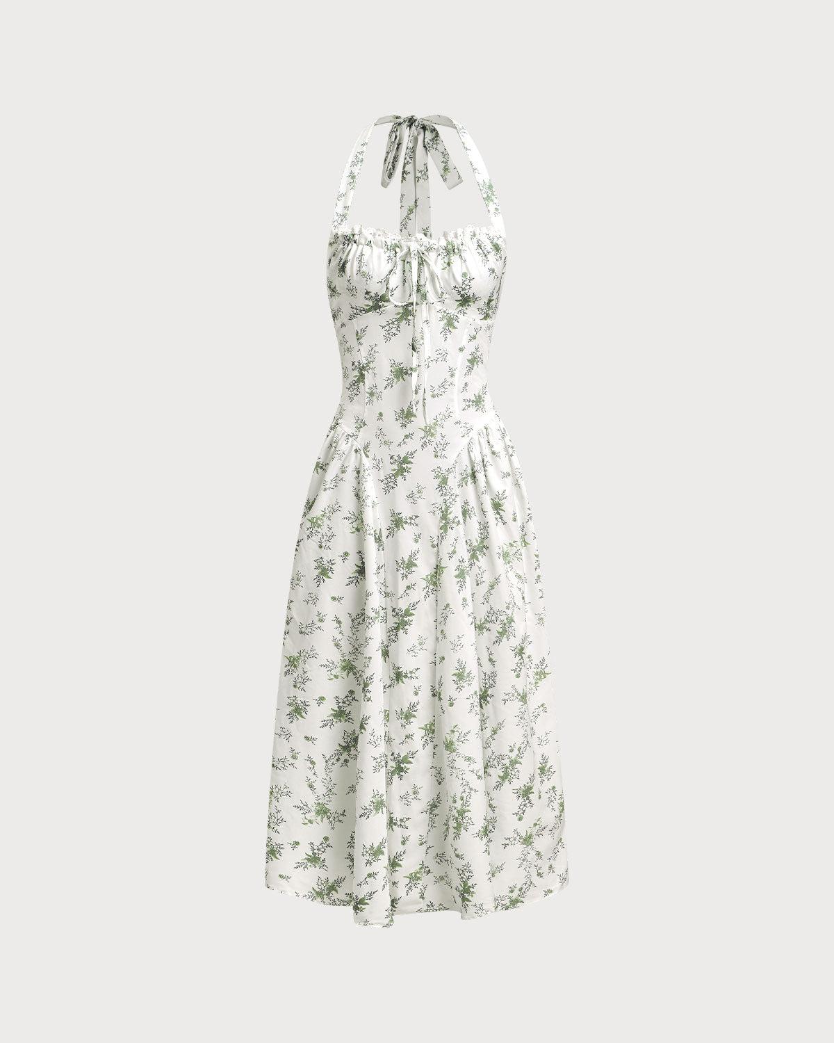 Green Floral Ruched Lace Halter Midi Dress Product Image
