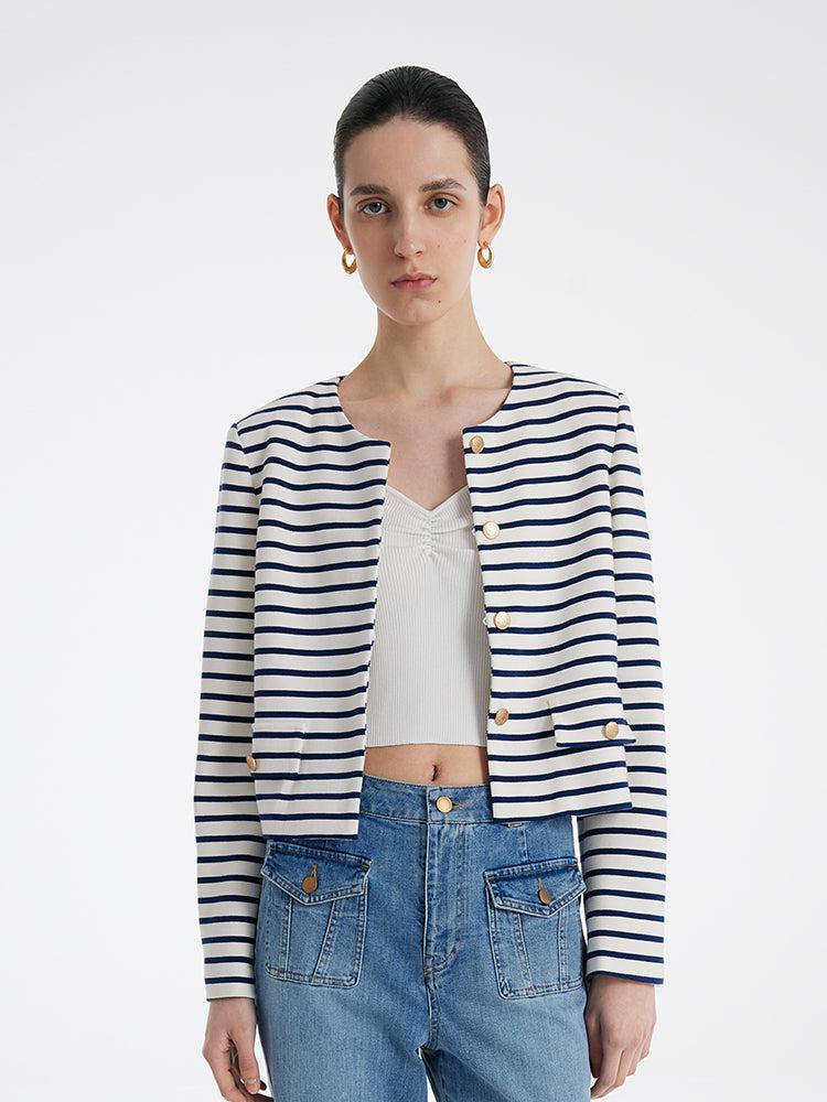 Cotton Striped Single-Breasted Women Crop Jacket Product Image
