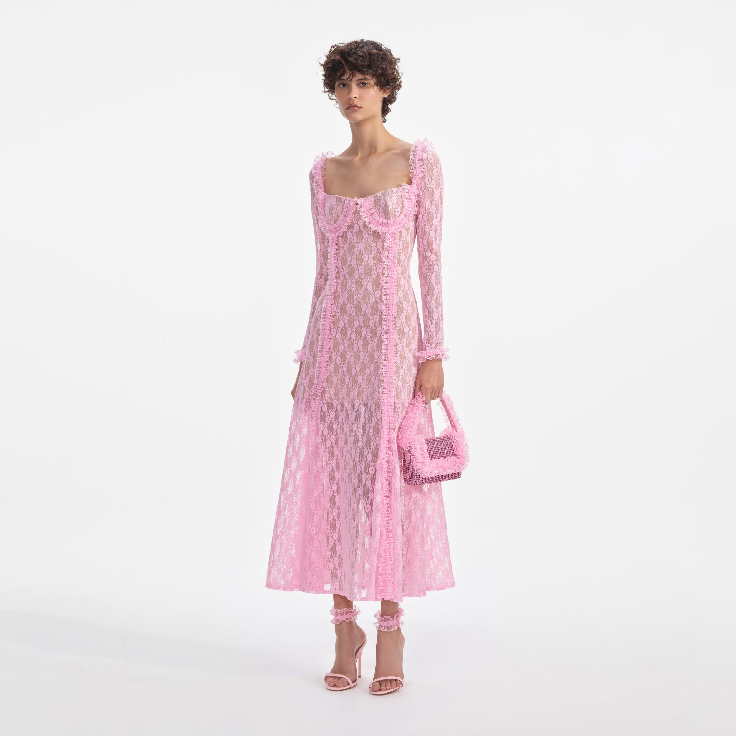 Pink Lace Ruffle Midi Dress Product Image