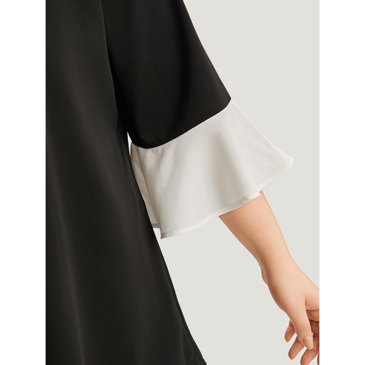 Plus Size Scarlet Anti-Wrinkle Contrast Zip Up Flutter Sleeve Hanky Hem Blouse Women Office Half Sleeve Round Neck Office Blouses BloomChic 30/6X Product Image