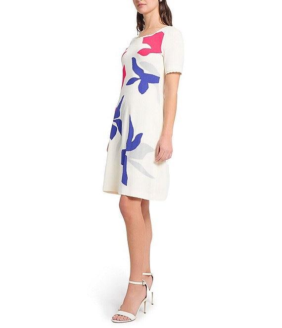 Ming Wang Soft Knit Floral Pattern Square Neck Short Sleeve Scallop Trim Dress Product Image